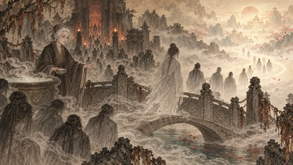 Meng Po at Naihe Bridge as souls leave the Chinese underworld for reincarnation