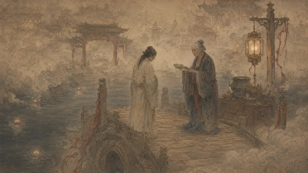 Meng Po offering the Soup of Forgetfulness to a soul beside Naihe Bridge