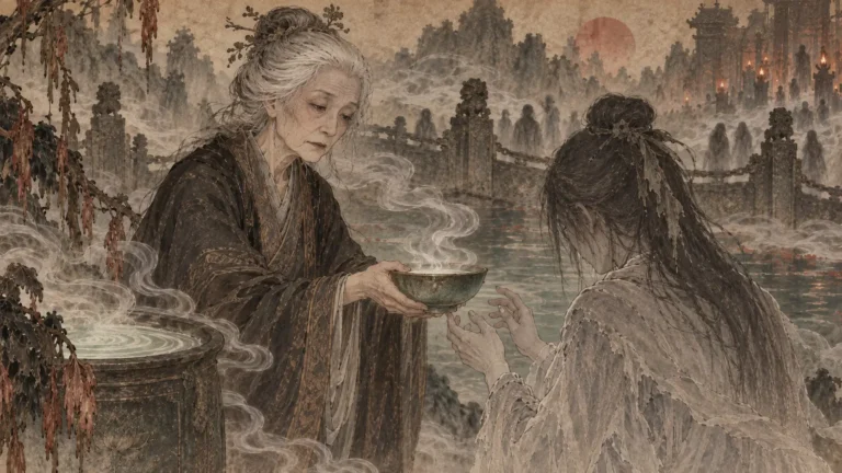 Meng Po offering the Soup of Forgetfulness beside Naihe Bridge in Chinese mythology