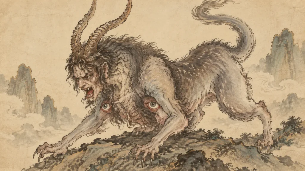 Paoxiao from the Shan Hai Jing with a sheep-like body human face tiger teeth and eyes beneath its arms