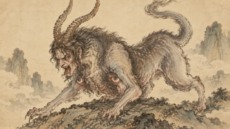 Paoxiao from the Shan Hai Jing with a sheep-like body human face tiger teeth and eyes beneath its arms