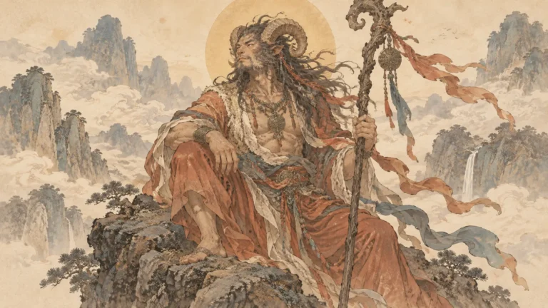 Human-bodied sheep-horned mountain god from the Shan Hai Jing seated among misty peaks