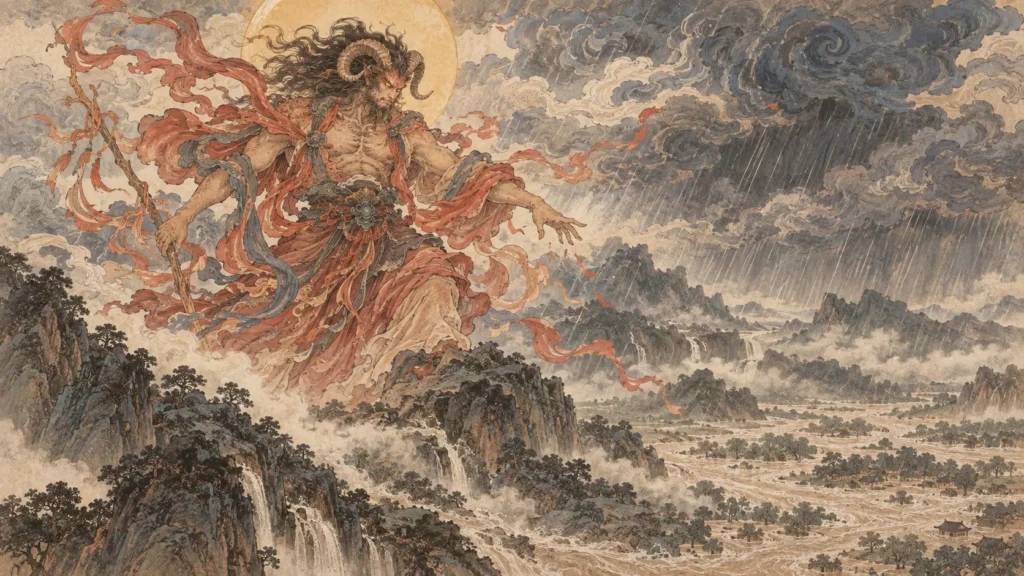 Sheep-horned mountain god appearing above a valley as destructive wind rain and floodwater gather below