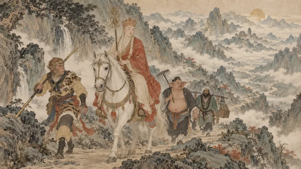 Tang Sanzang riding the White Dragon Horse with Sun Wukong, Zhu Bajie and Sha Wujing on the Journey to the West