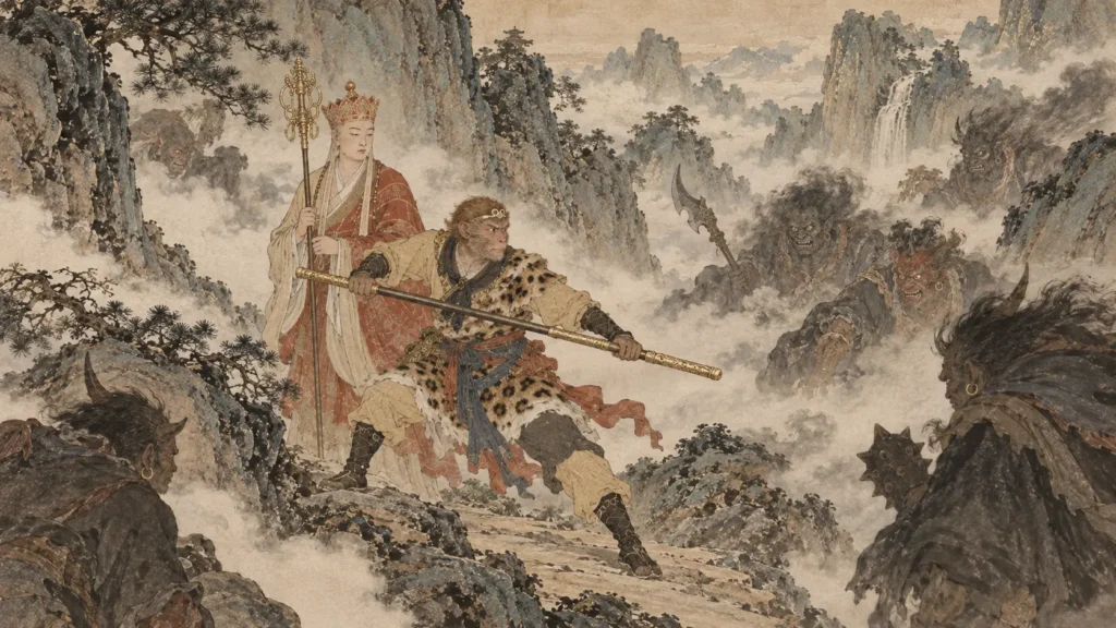 Sun Wukong protecting Tang Sanzang from demons in Journey to the West
