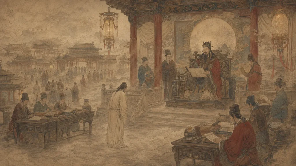 A deceased soul standing before one of the Ten Kings in the Chinese underworld