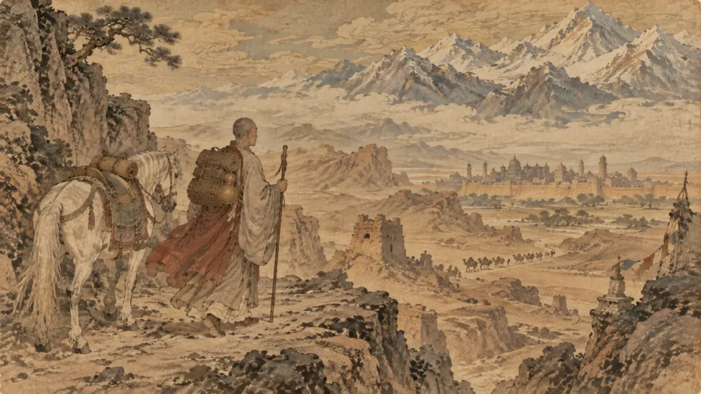 Xuanzang traveling across the Silk Road toward India during his historic Buddhist pilgrimage