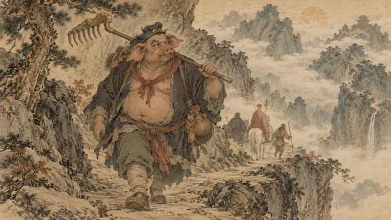 Zhu Bajie, also known as Pigsy, carrying his nine-toothed rake on the Journey to the West