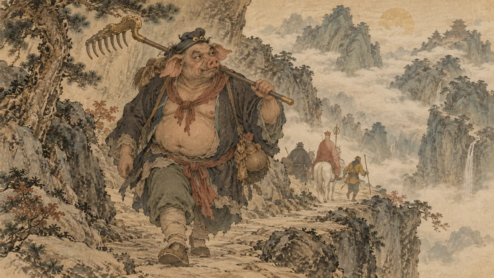 Zhu Bajie, also known as Pigsy, carrying his nine-toothed rake on the Journey to the West