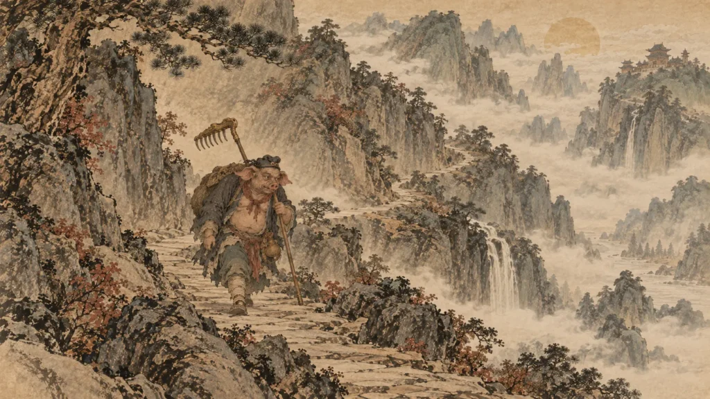 Zhu Bajie walking alone along a rocky mountain path with his nine-toothed rake during the pilgrimage west